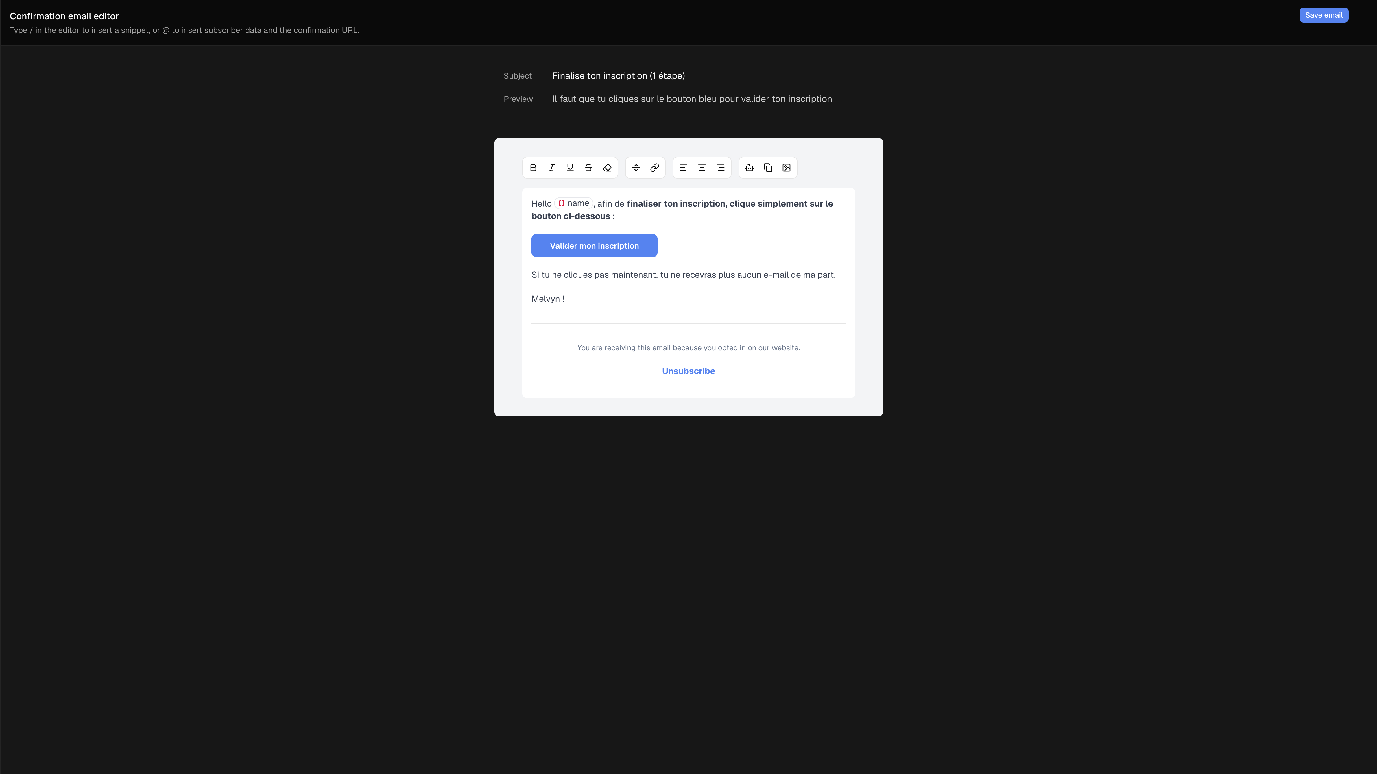 Confirmation email editor with subject, preview, and {{confirmUrl}} button